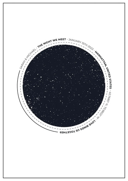 Custom star map poster showing night sky from a chosen date and location