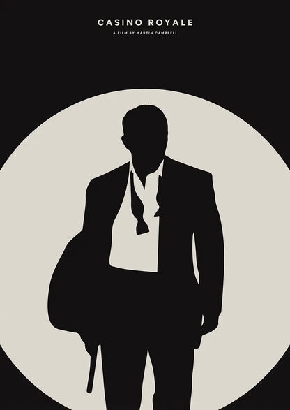 Minimalist Casino Royale Poster - James Bond Silhouette Wall Art in Black and White