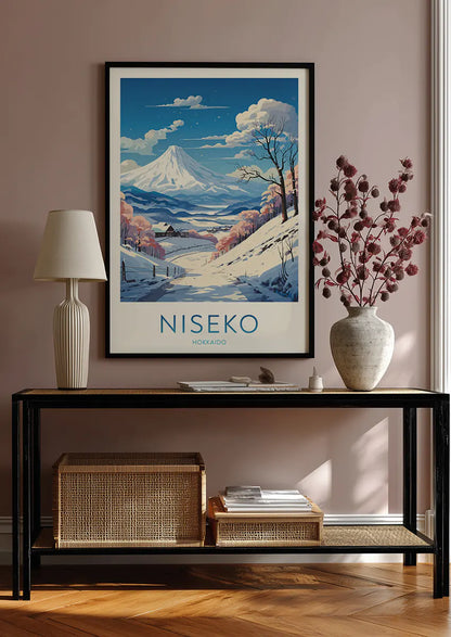 snowy japan mountain village art print for ski and travel lovers