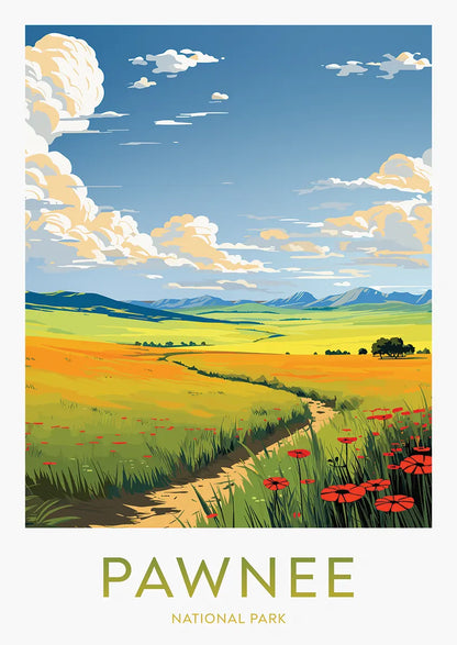 Pawnee National Park poster with golden prairie and red wildflowers