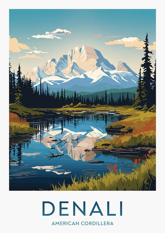 Denali National Park landscape poster with mountain reflection