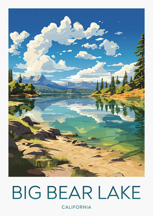 Big Bear Lake travel poster with mountain reflection and forest shoreline