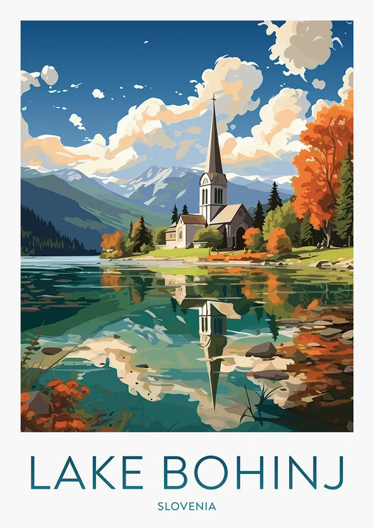 lake bohinj travel poster with alpine church and autumn trees