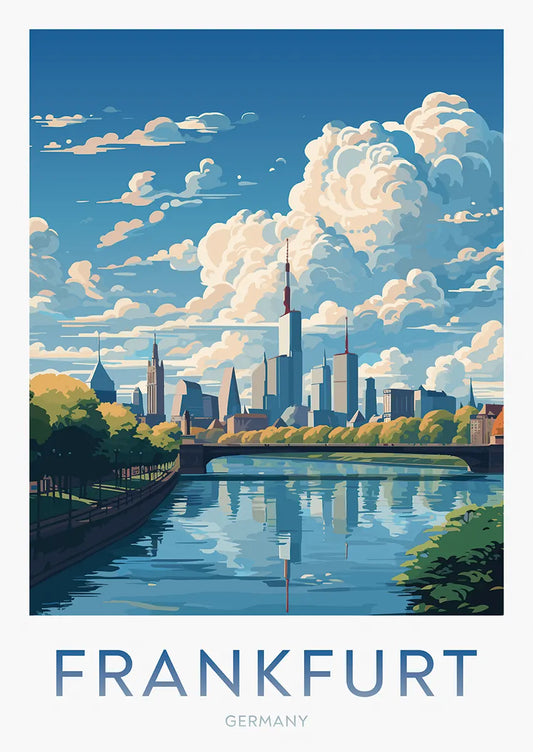 Frankfurt Germany skyline poster with river reflection and trees