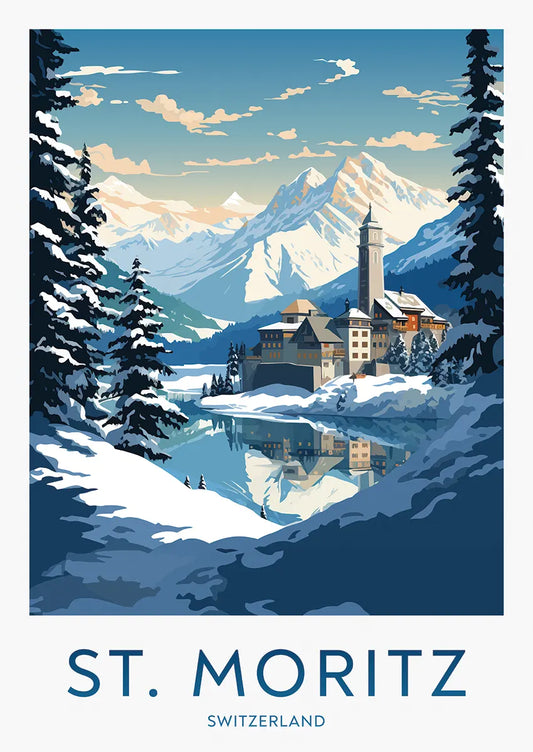 St. Moritz Switzerland travel poster with snowy village and alpine lake