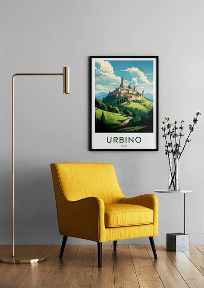 Italian travel print of hilltop city and Tuscan-style landscape