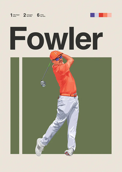 Rickie Fowler poster with bold golf swing in orange outfit