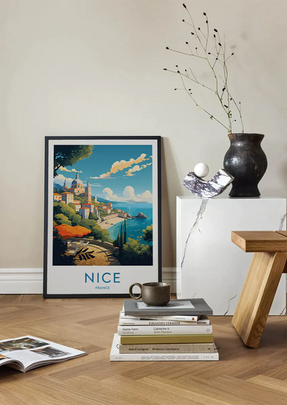 mediterranean terrace wall art with umbrellas and sea view