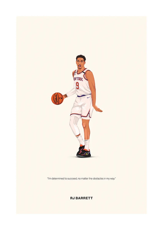 RJ Barrett poster in Knicks uniform with motivational quote