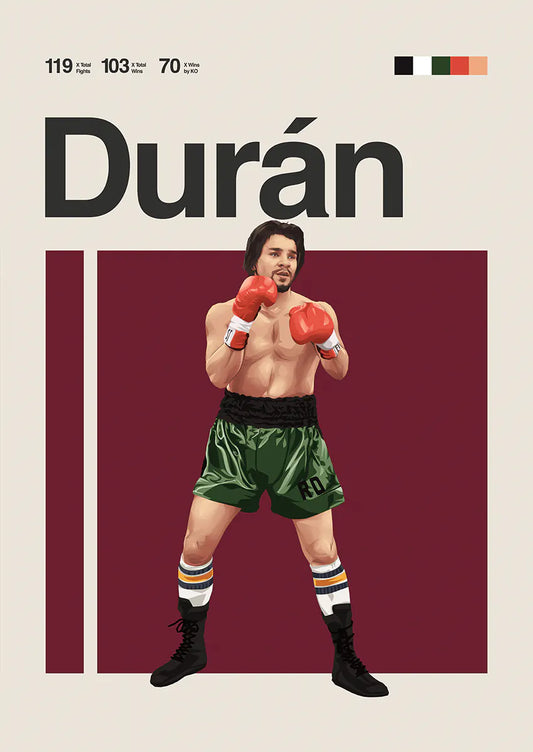 Roberto Duran poster featuring iconic boxing stance with red gloves