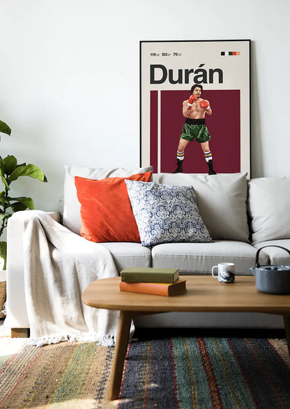 Boxing wall art print of Roberto Duran in green trunks mid-fight