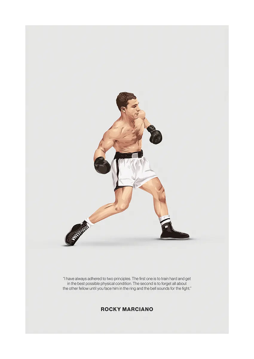 Rocky Marciano boxing poster in white trunks with black gloves and intense stance