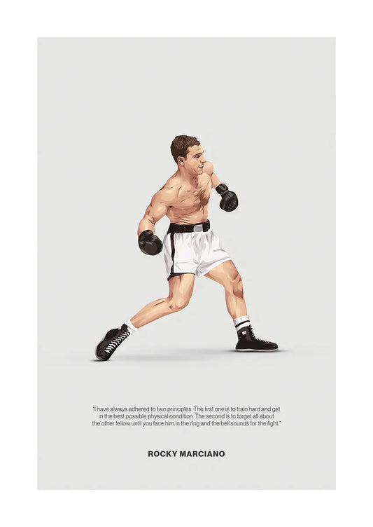 Rocky Marciano boxing poster in white trunks with black gloves and intense stance