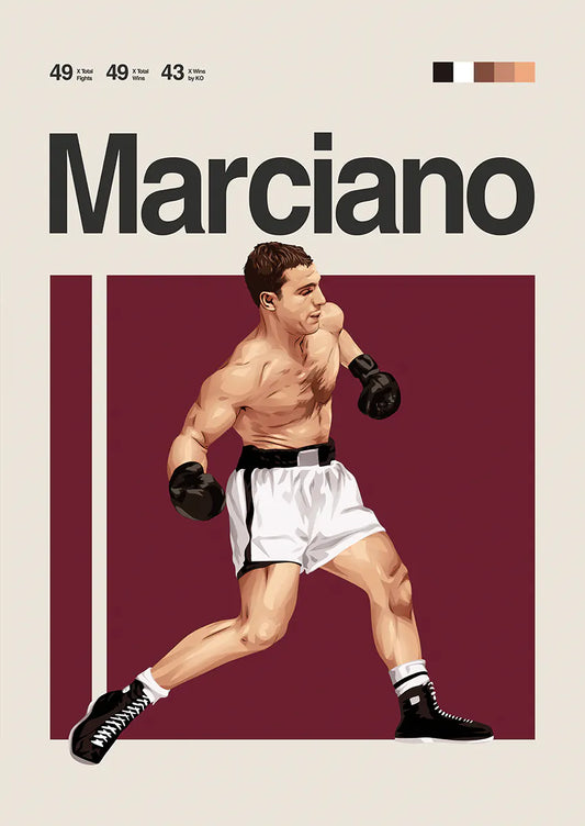 Rocky Marciano poster with iconic boxing stance in vintage gloves