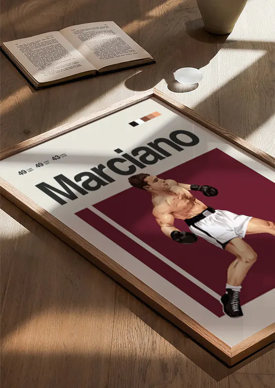 Sports poster of Rocky Marciano in motion, black and white trunks