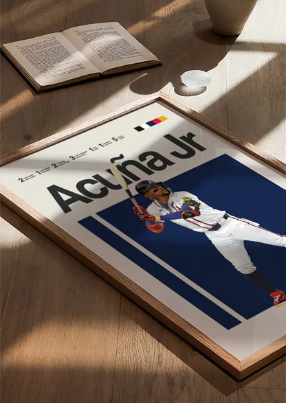 Bold sports artwork of Ronald Acuña Jr with navy background