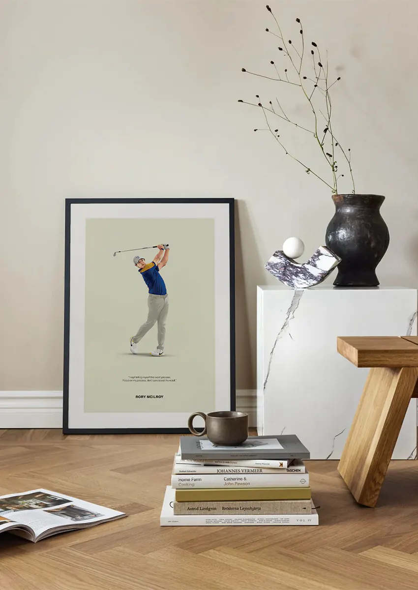 Minimalist golf wall art with Rory McIlroy in blue and gray outfit