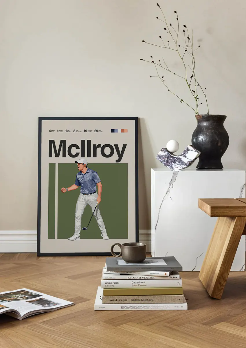 Modern golf wall art of Rory McIlroy in blue shirt