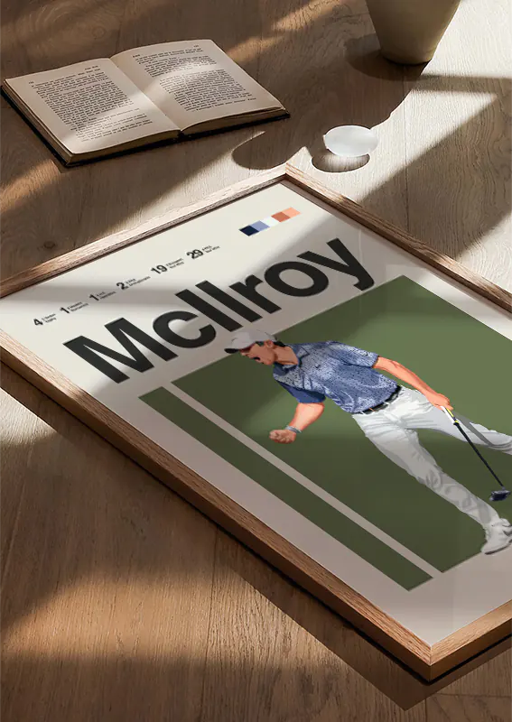 Sports poster of Rory McIlroy showing powerful reaction on course