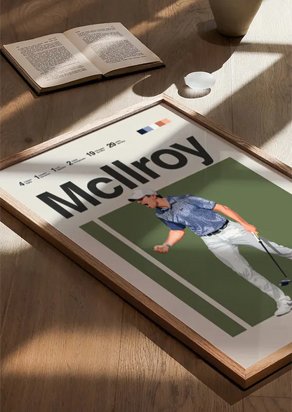 Sports poster of Rory McIlroy showing powerful reaction on course