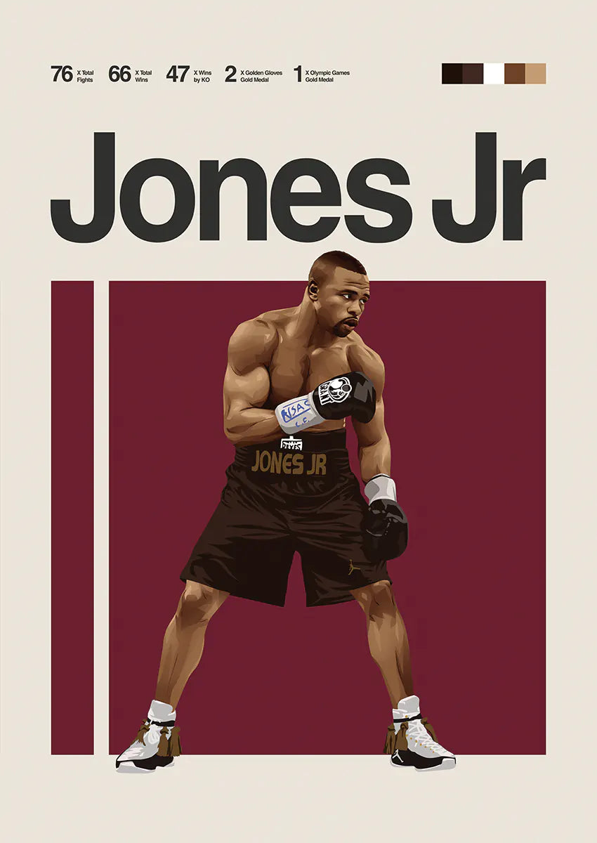 Roy Jones Jr poster featuring iconic fighting stance and dark trunks
