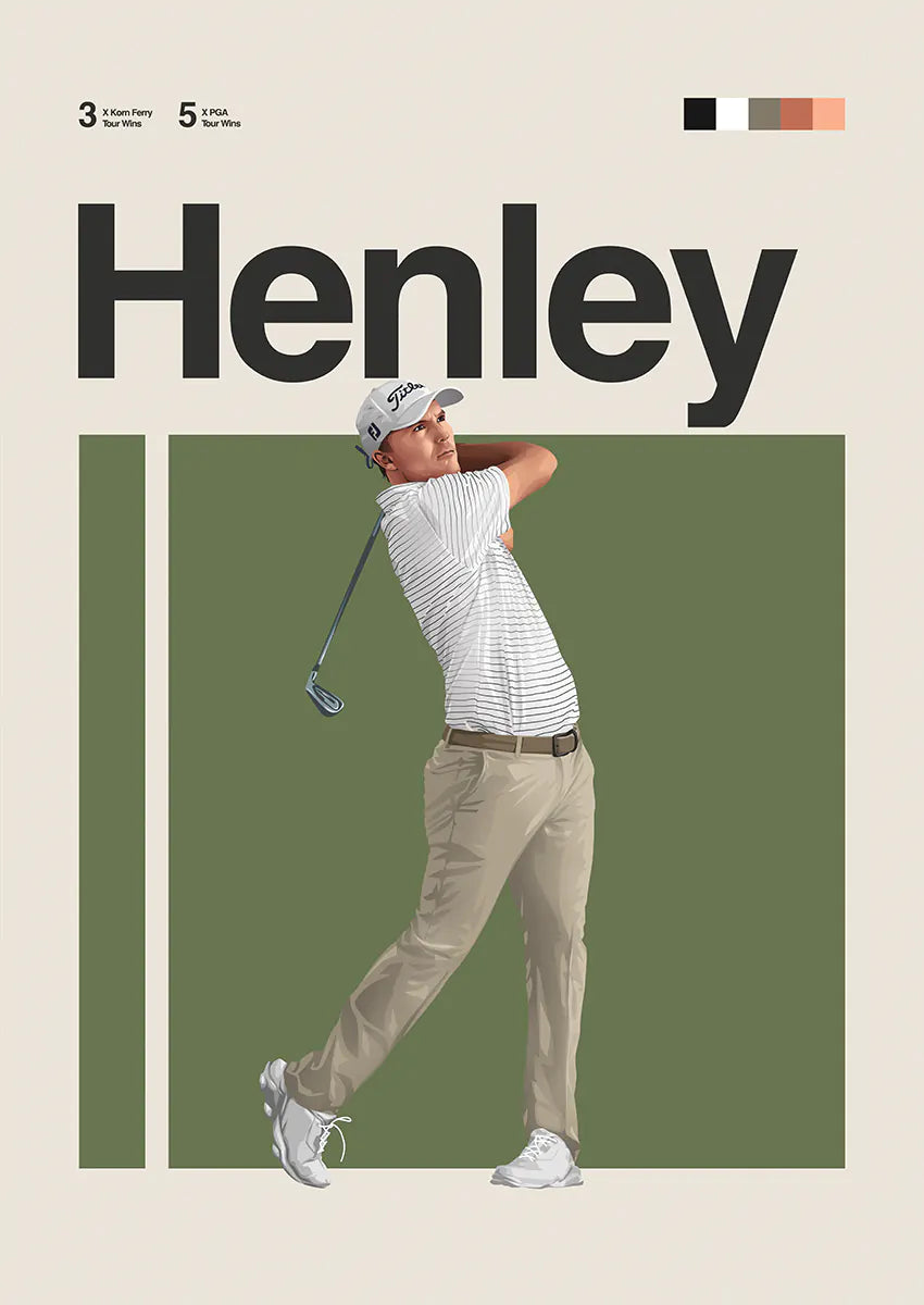 Russell Henley poster with golf swing on green background