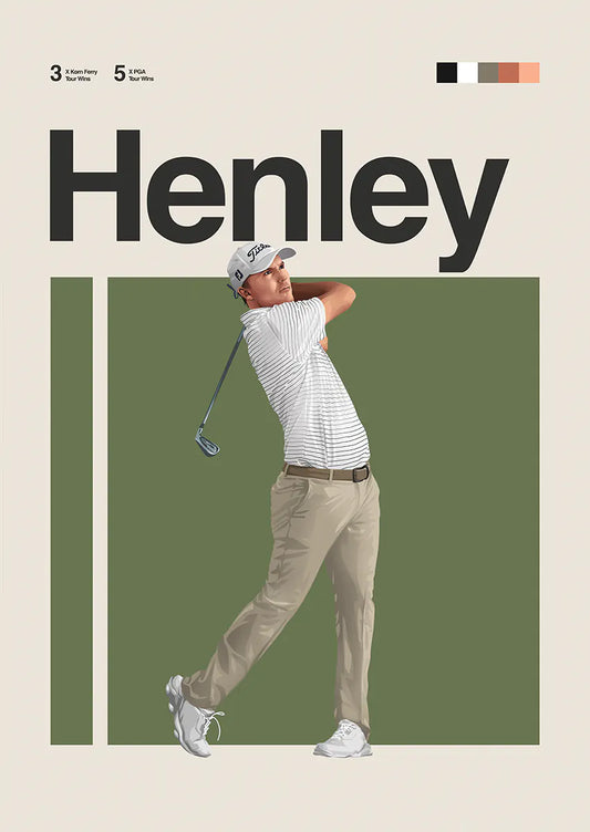Russell Henley poster with golf swing on green background