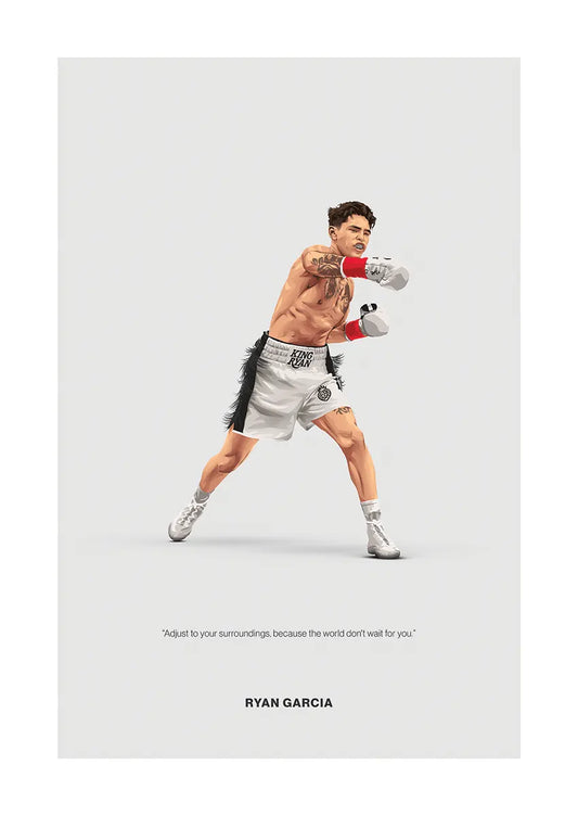 Ryan Garcia boxing poster mid-strike in white trunks with red gloves