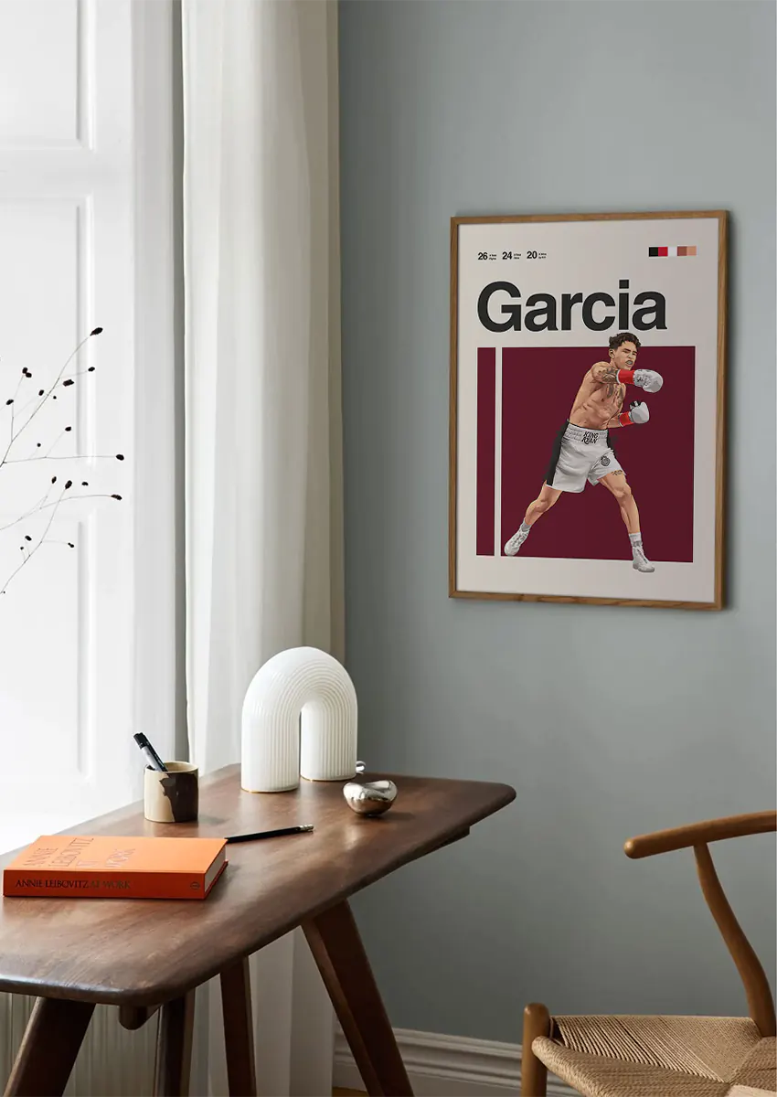 Modern boxing wall art of Ryan Garcia in signature white trunks