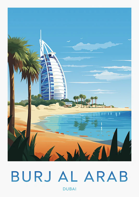 Burj Al Arab Dubai travel poster with beach and luxury hotel tower