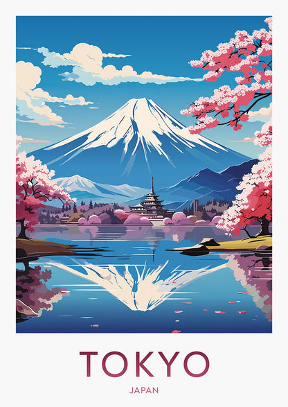 Tokyo cherry blossom poster with Mount Fuji and lake