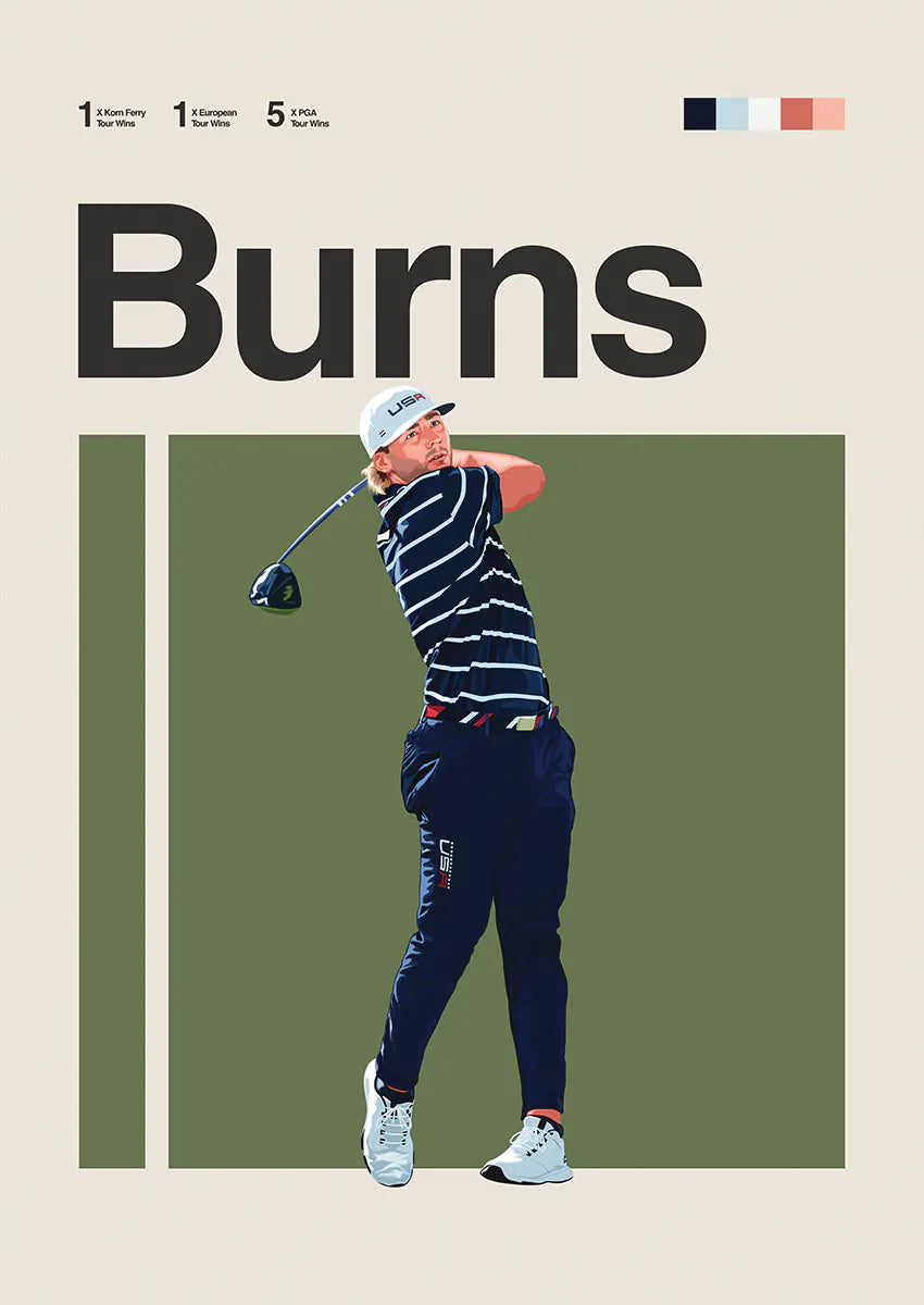Sam Burns poster with modern golf swing and navy outfit