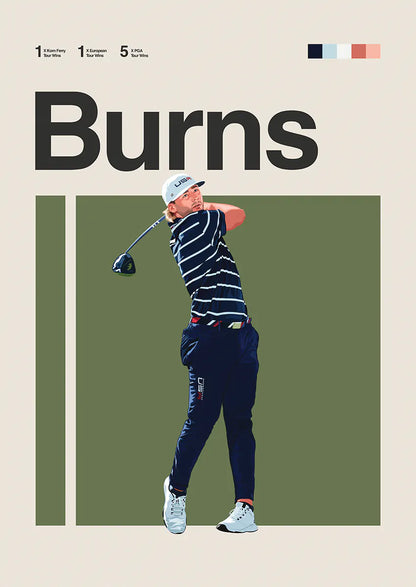 Sam Burns poster with modern golf swing and navy outfit
