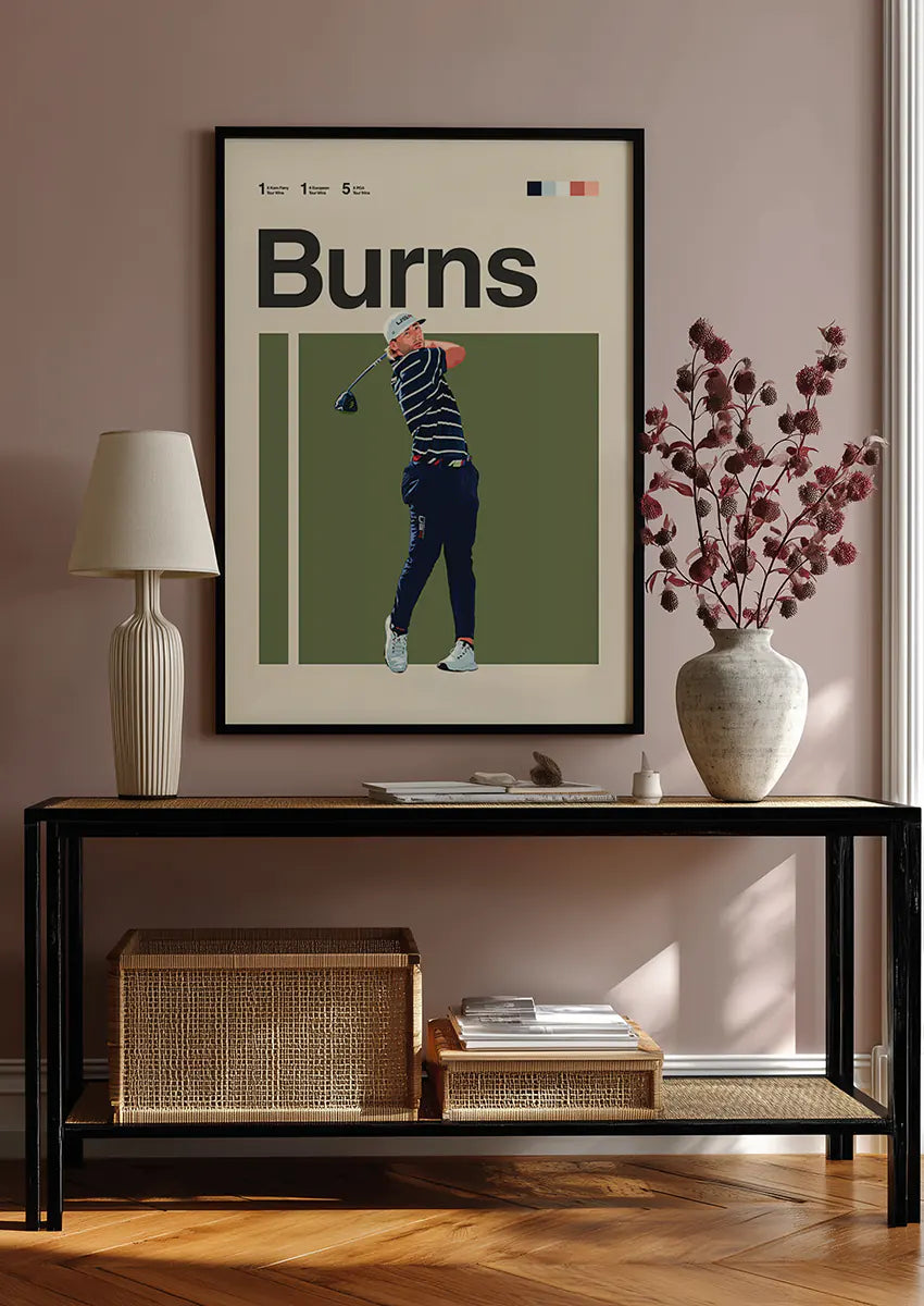 Golf wall art featuring Sam Burns in a stylish striped shirt