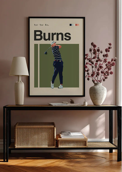 Golf wall art featuring Sam Burns in a stylish striped shirt