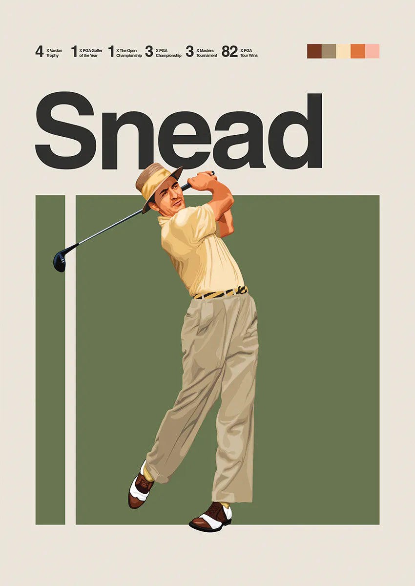 Sam Snead poster featuring vintage golf swing in retro tones