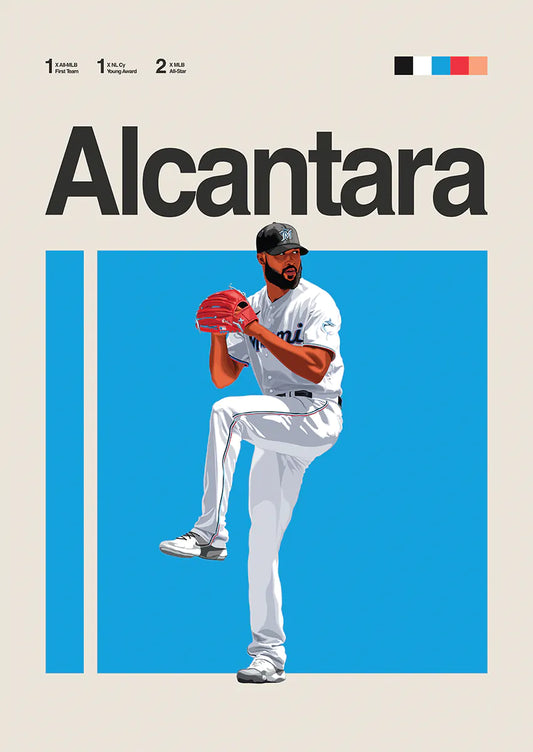 Sandy Alcantara baseball poster with blue background and pitching stance
