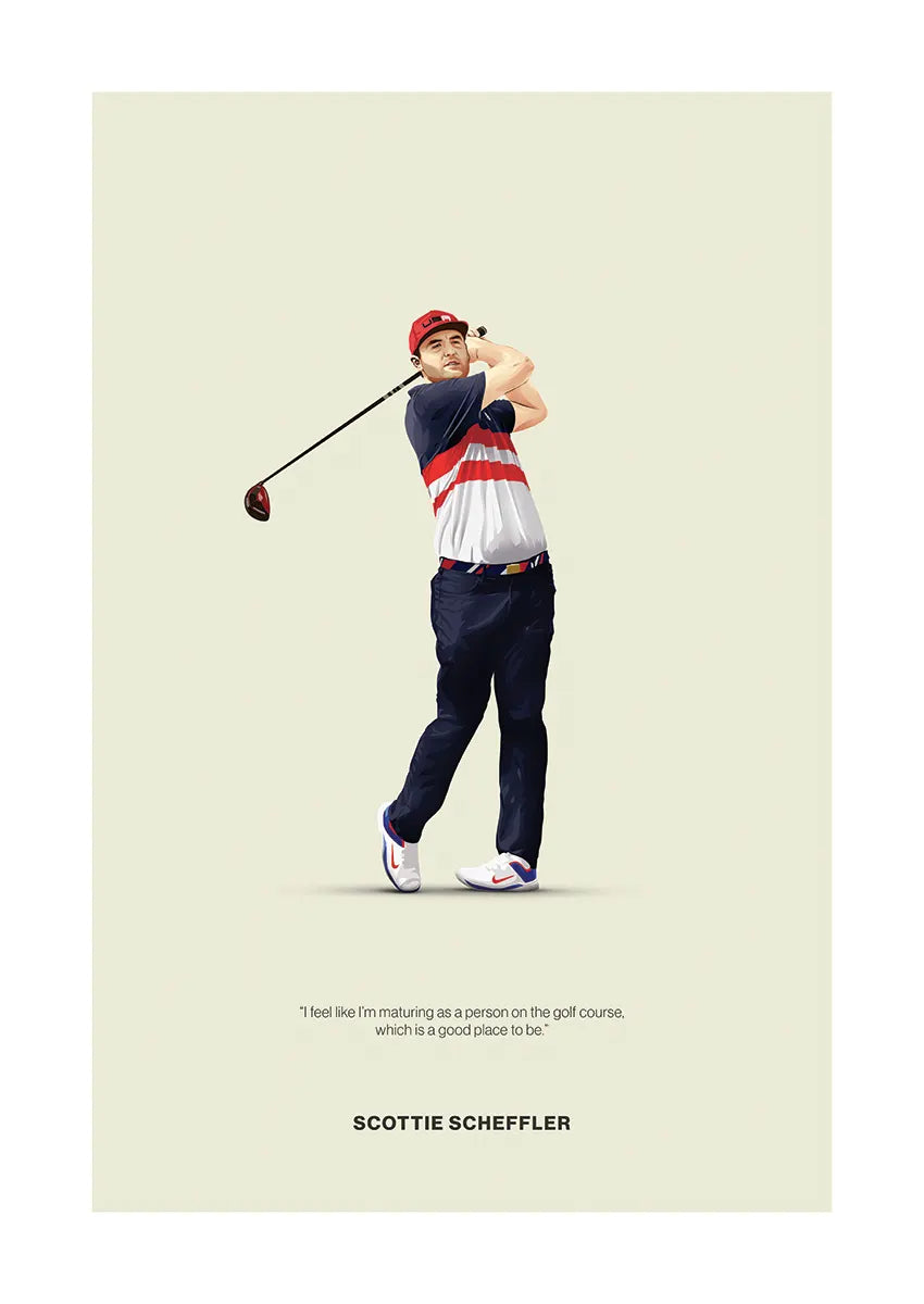 Scottie Scheffler golf poster with quote about maturity and growth