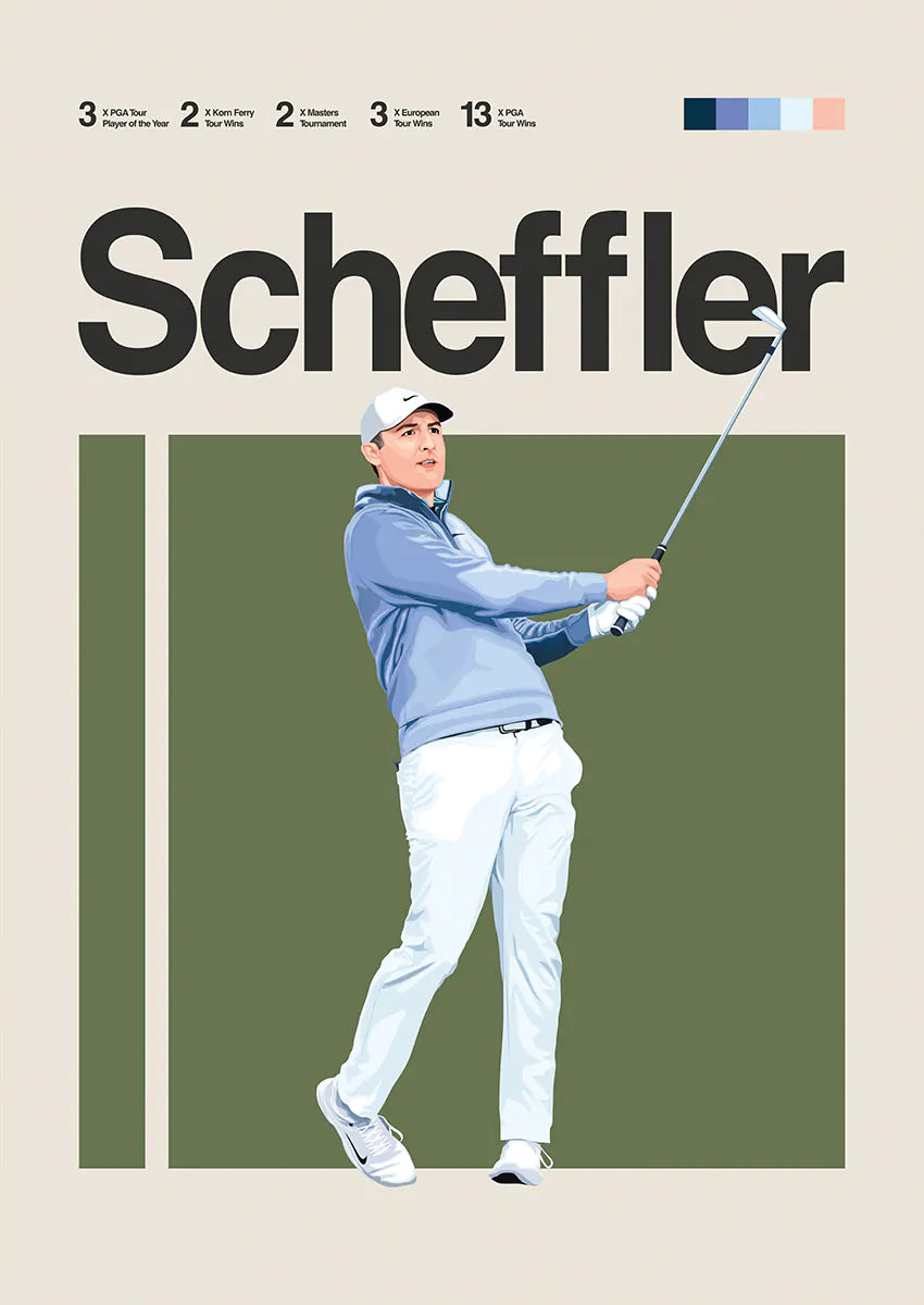 Scottie Scheffler poster with light blue golf jacket swing pose