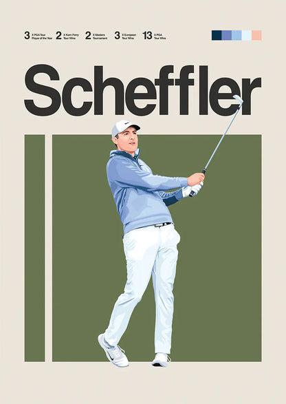 Scottie Scheffler poster with light blue golf jacket swing pose