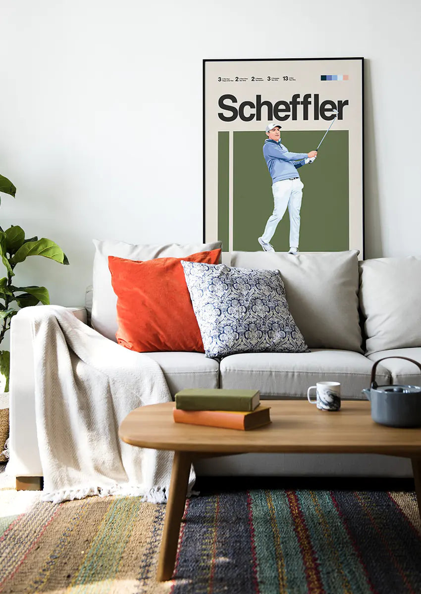 Modern golf wall art of Scottie Scheffler in calm, focused action