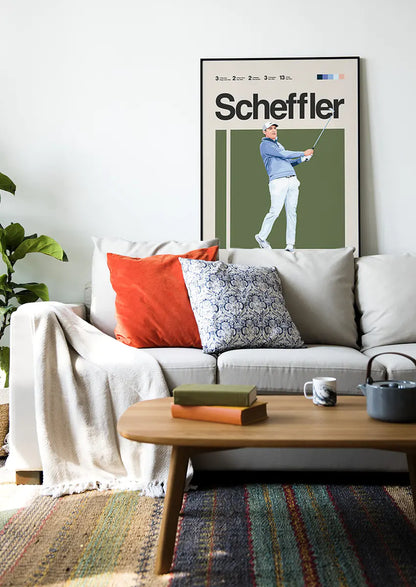 Modern golf wall art of Scottie Scheffler in calm, focused action