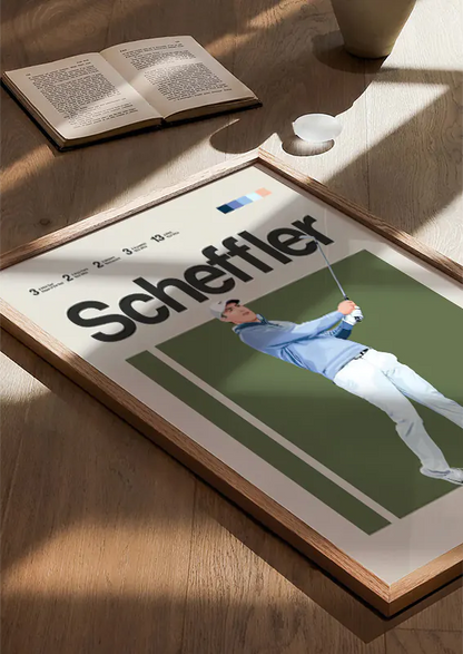 Scottie Scheffler minimalist sports print with clean blue palette