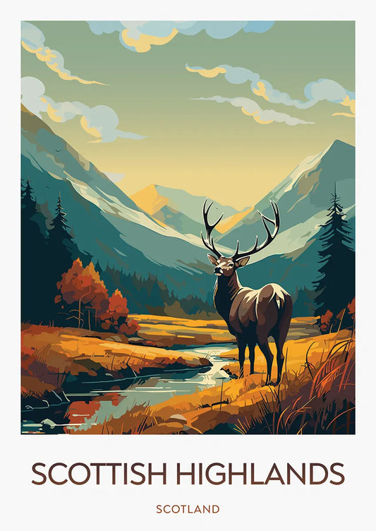 Scottish Highlands travel poster with stag and autumn mountain scenery