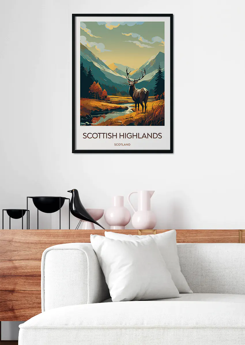 Scotland wall art featuring Highland deer, stream, and moorland