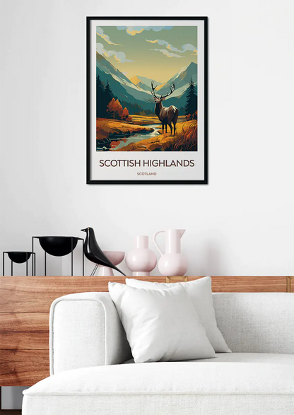 Scotland wall art featuring Highland deer, stream, and moorland