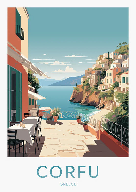 Corfu Greece poster with seaside terrace and cliffside homes