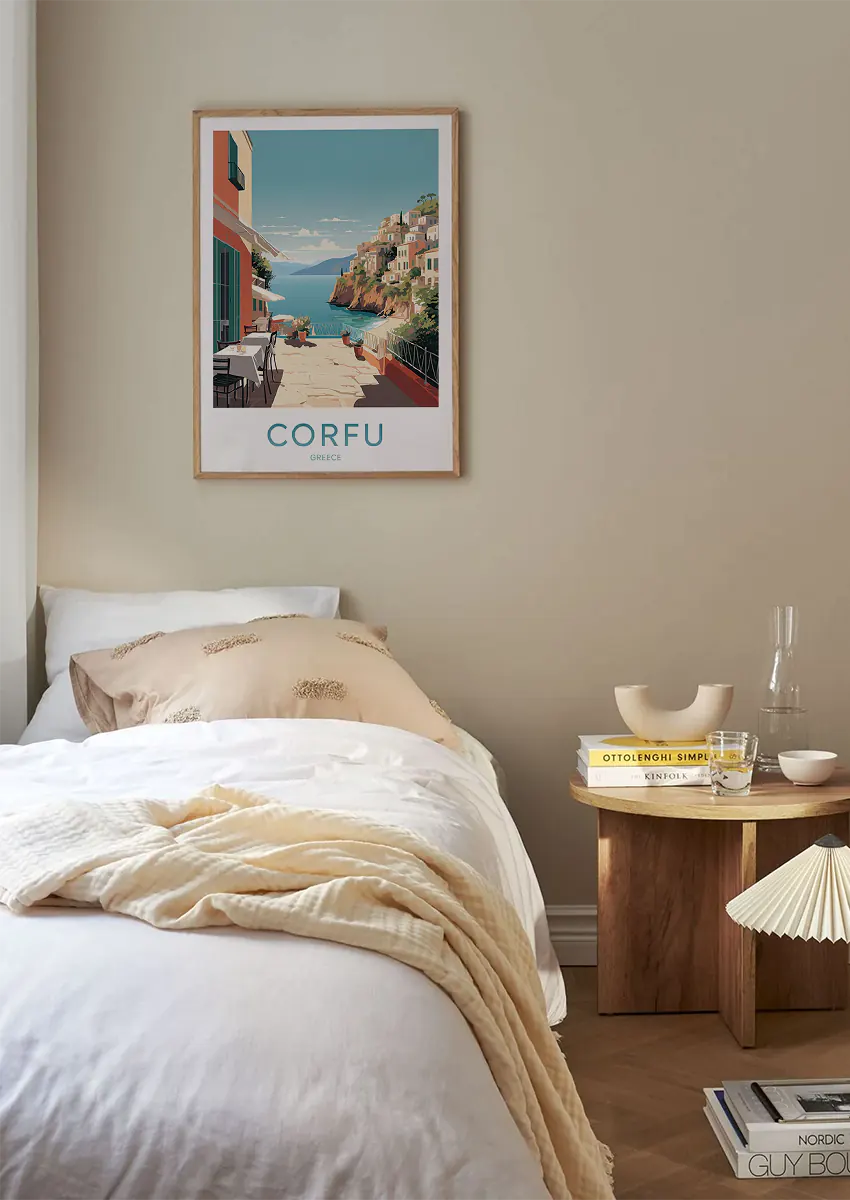 Mediterranean travel print of Corfu island village by the sea