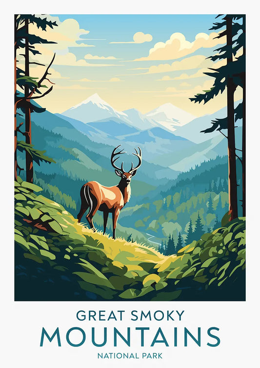 Great Smoky Mountains poster with deer and misty hills