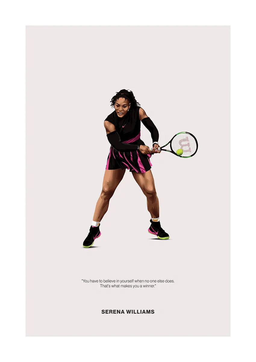 Serena Williams tennis poster with motivational quote and bold outfit